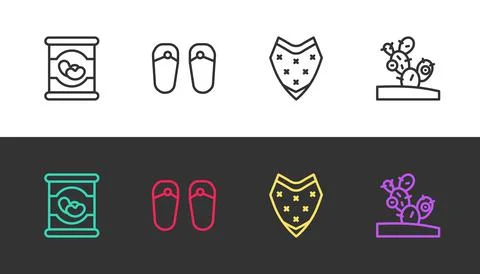 Set line Beans in can, Flip flops, Poncho and Cactus on black and white. Vector Ilustração Stock