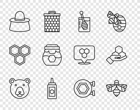 Set line Bear head, Bee, Honey dipper stick, Jar of honey, Beekeeper with Ilustração Stock