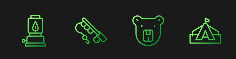 Set line Bear head, Camping lantern, Fishing rod and Tourist tent. Gradient.. Illustration