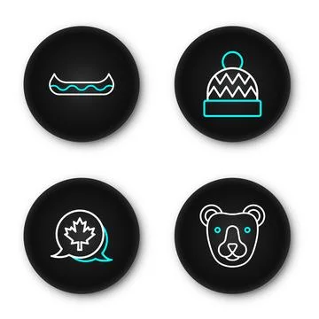 Set line Bear head, Canadian maple leaf, Beanie hat and Kayak icon. Vector Stock Illustration