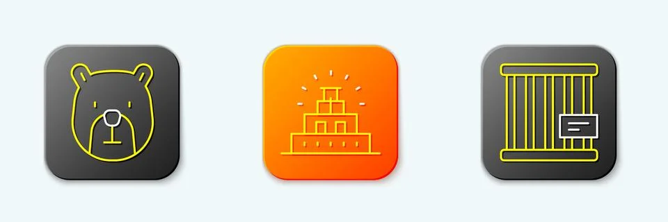 Set line Bear head, Chichen Itza in Mayan and Animal cage icon. Vector Stock Illustration