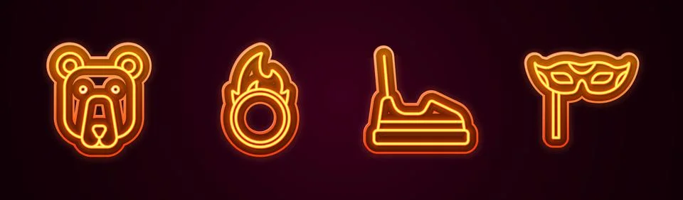 Set line Bear head, Circus fire hoop, Bumper car and Festive mask. Glowing .. Stock Illustration