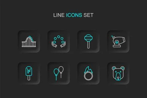 Set line Bear head, Circus fire hoop, Balloons with ribbon, Ice cream, Cann.. Stock Illustration