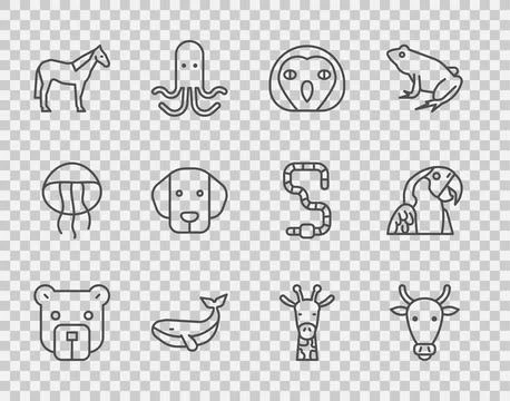 Set line Bear head, Cow, Owl bird, Whale, Horse, Dog, Giraffe and Macaw par.. Stock Illustration