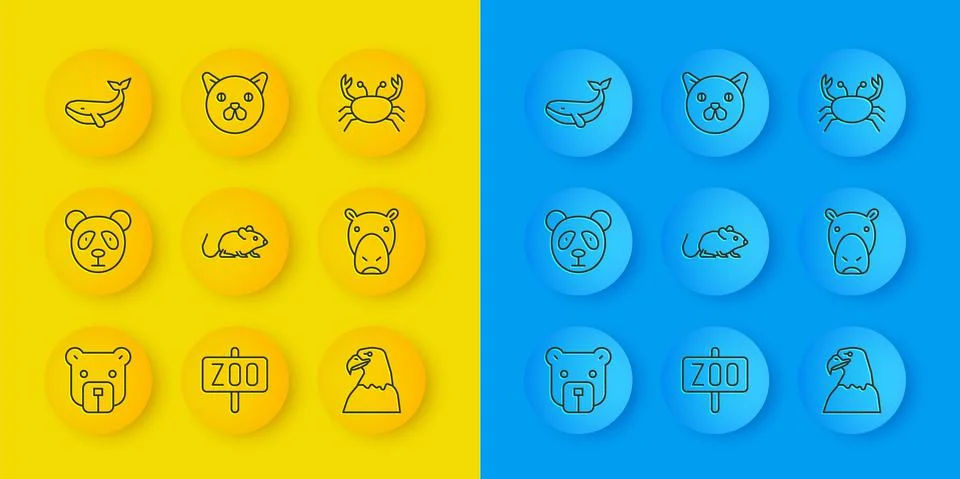 Set line Bear head, Cute panda face, Rat, Eagle, Hippo or Hippopotamus, Whale Stock Illustration