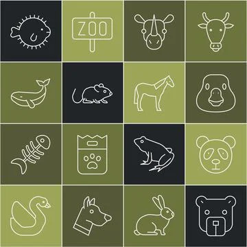 Set line Bear head, Cute panda face, Goose bird, Rhinoceros, Rat, Whale, Puffer Stock Illustration