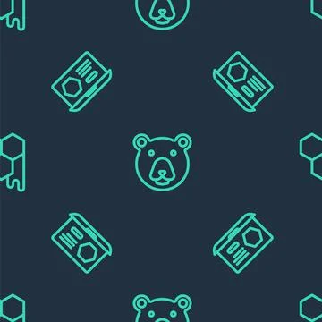 Set line Bear head, Honey online service and Honeycomb on seamless pattern Stock Illustration