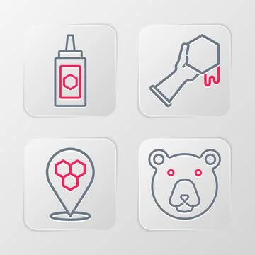 Set line Bear head, Honeycomb bee location, and hand and Jar of honey icon Ilustração Stock