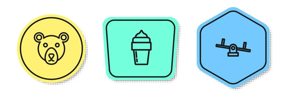 Set line Bear head, Ice cream and Seesaw. Colored shapes. Vector Stock Illustration