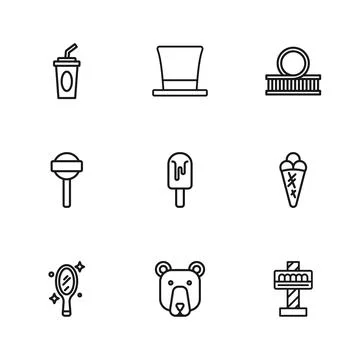 Set line Bear head, Ice cream in waffle, Attraction carousel, Roller coaste.. Stock Illustration