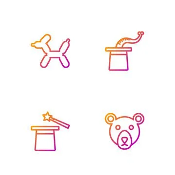 Set line Bear head, Magic hat and wand, Balloon dog and Magician. Gradient color Stock Illustration