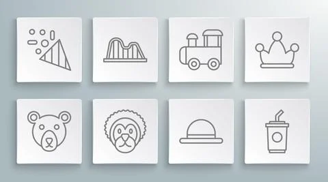 Set line Bear head, Roller coaster, Wild lion, Clown hat, Paper glass with water Stock Illustration