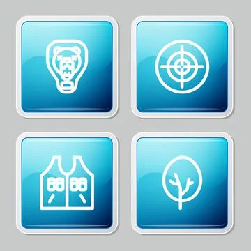 Set line Bear head on shield, Target sport, Hunting jacket and Tree icon. Vector Illustrazione stock