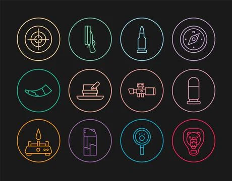 Set line Bear head on shield, Bullet, Hunter hat with feather, Hunting horn.. Illustrazione stock