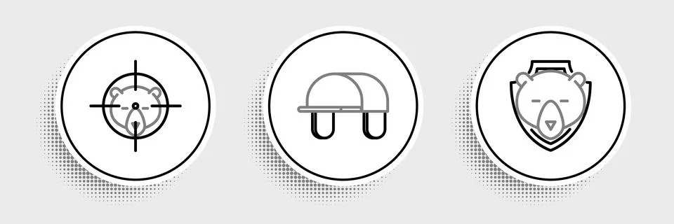 Set line Bear head on shield, Hunt bear with crosshairs and Hunter hat icon.. Stock Illustration