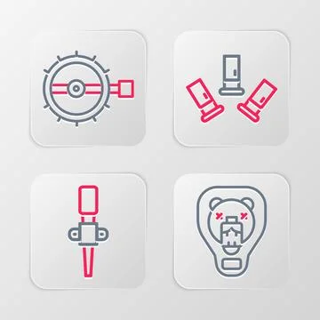 Set line Bear head on shield, Torch flame, Cartridges and Trap hunting icon.. Stock-Illustration