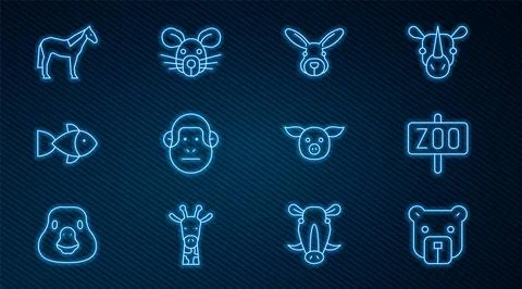 Set line Bear head, Zoo park, Rabbit, Monkey, Fish, Horse, Pig and Rat icon Ilustração Stock