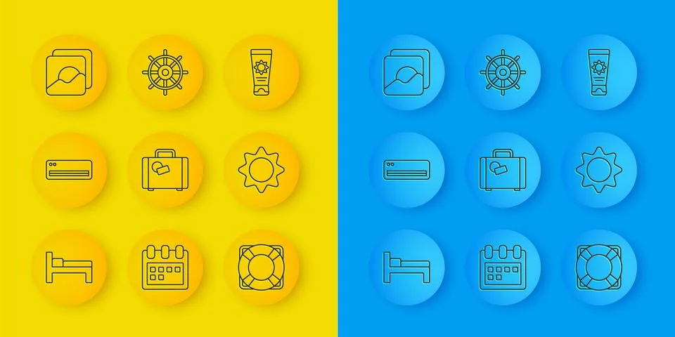 Set line Bed, Air conditioner, Suitcase, Lifebuoy, Sun, Photo, Sunscreen cream Stock Illustration