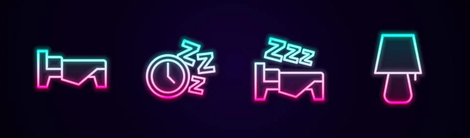 Set line Bed, Alarm clock, Time to sleep and Table lamp. Glowing neon icon Ilustración de archivo