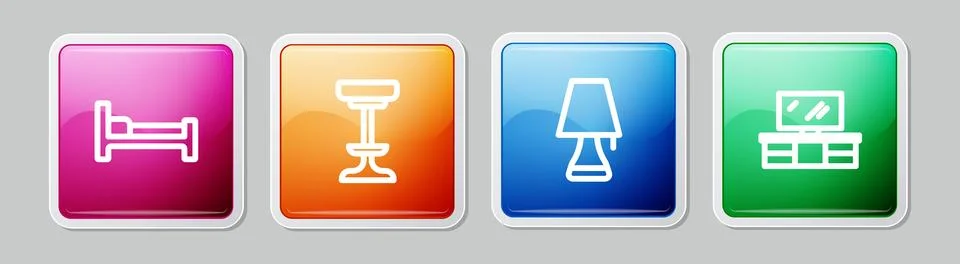 Set line Bed, Chair, Table lamp and TV table stand. Colorful square button... Stock Illustration