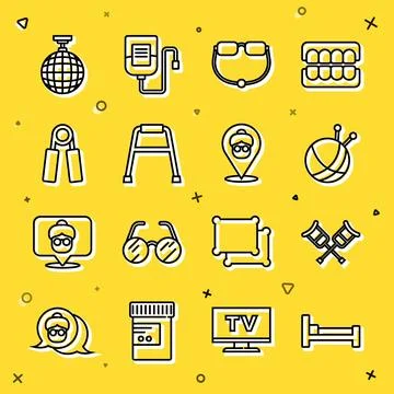 Set line Bed, Crutch or crutches, Yarn ball with knitting needles, Eyeglass.. Ilustración de archivo