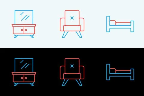 Set line Bed, Dressing table and Armchair icon. Vector Stock Illustration