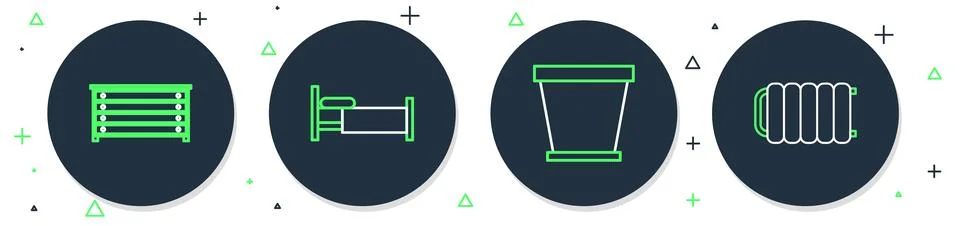 Set line Bed, Flower pot, Chest of drawers and Heating radiator icon. Vector Stock Illustration