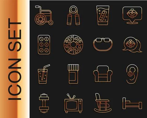 Set line Bed, Hearing aid, Grandmother, False jaw glass, Vitamin pill, Pills Ilustración de archivo