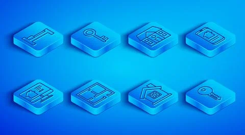 Set line Bed, House key, plan, Online real estate house, and icon. Vector Stock Illustration