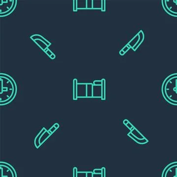 Set line Bed, Knife and Clock on seamless pattern. Vector Ilustração Stock