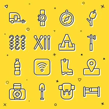 Set line Bed, Location for camping, Hammer, Compass, Match stick, Grilled shish Illustrazione stock