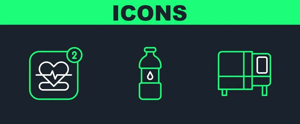 Set line Bed, Mobile with heart rate and Bottle of water icon. Vector Stock Illustration