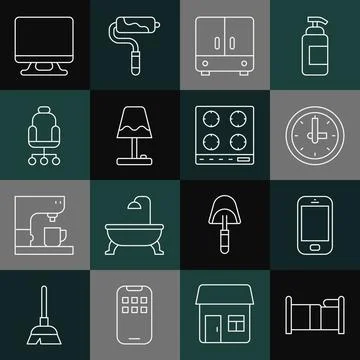 Set line Bed, Mobile phone, Clock, Wardrobe, Table lamp, Office chair, Smar.. Ilustración de archivo