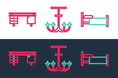 Set line Bed, Office desk and Chandelier icon. Vector Stock Illustration