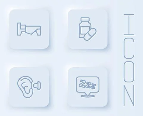 Set line Bed, Sleeping pill, Earplugs and ear and Sleepy. White square button Stock Illustration