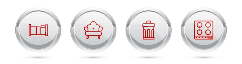 Set line Bed, Sofa, Trash can and Gas stove. Silver circle button. Vector Stock Illustration