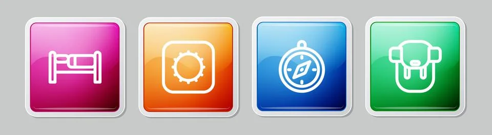 Set line Bed, Sun, Compass and Hiking backpack. Colorful square button. Vector Stock Illustration