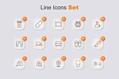 Set line Bed, Table lamp, Sleepy, Dreams, Eye sleep mask, Slippers and Big .. Stock Illustration