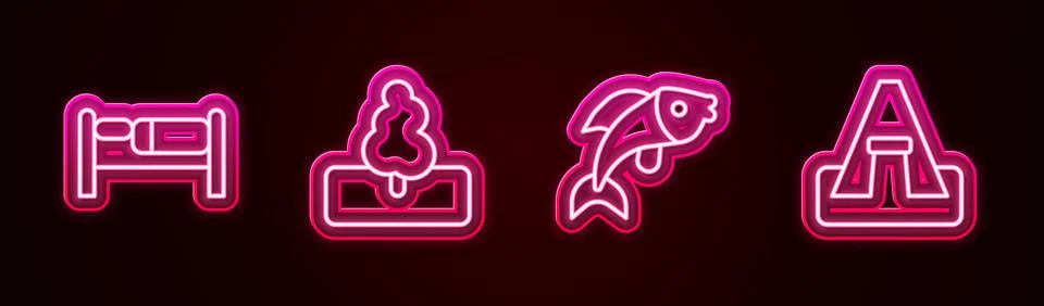 Set line Bed, Tree, Fish and Tourist tent. Glowing neon icon. Vector イラスト素材