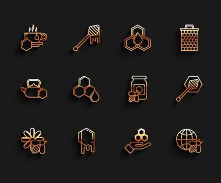 Set line Bee and flower, Honeycomb, Cup of tea with honey, hand, map the wo.. 库存插图