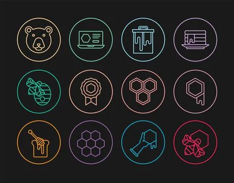 Set line Bee and honeycomb, Honeycomb, medal, Hive for bees, Bear head, and Ilustração Stock