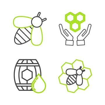 Set line Bee and honeycomb, Wooden barrel with, Honeycomb hands and  icon. .. Stock Illustration