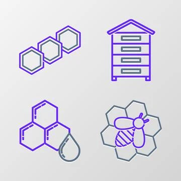 Set line Bee and honeycomb, Honeycomb, Hive for bees and  icon. Vector Stock Illustration