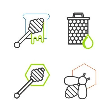 Set line Bee and honeycomb, Honey dipper stick, Honeycomb and with dripping.. Stock Illustration
