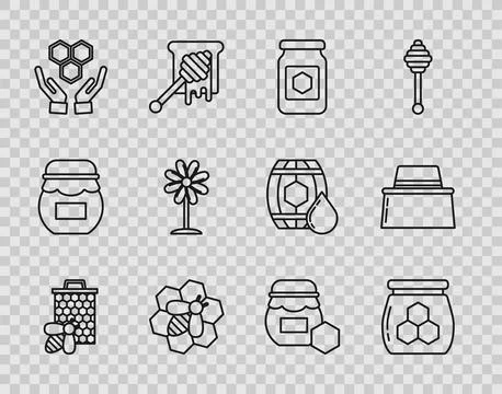 Set line Bee and honeycomb, Jar of, Honeycomb hands, Flower,  and Beekeeper.. Stock Illustration