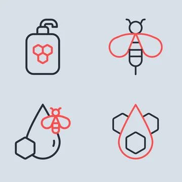Set line Bee, and honeycomb, Honeycomb and Cosmetic tube with icon. Vector Stock Illustration