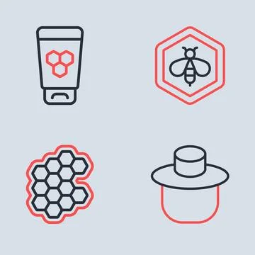 Set line Bee and honeycomb, Honeycomb, Beekeeper with protect hat and Cosme.. Stock Illustration
