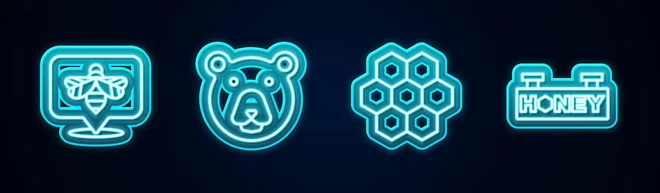 Set line Bee, Bear head, Honeycomb and Hanging sign with honeycomb. Glowing neon Ilustração Stock