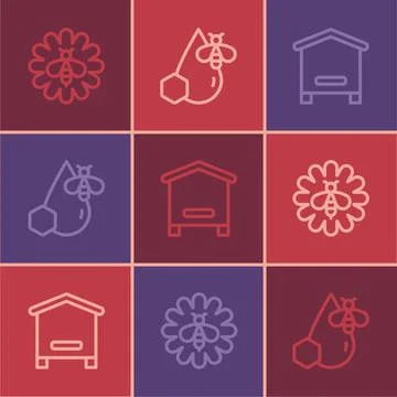 Set line Bee on flower, Hive for bees and and honeycomb icon. Vector Stock Illustration