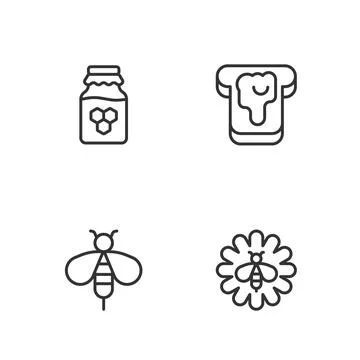 Set line Bee on flower, Jar of honey and Bread with icon. Vector Stock Illustration